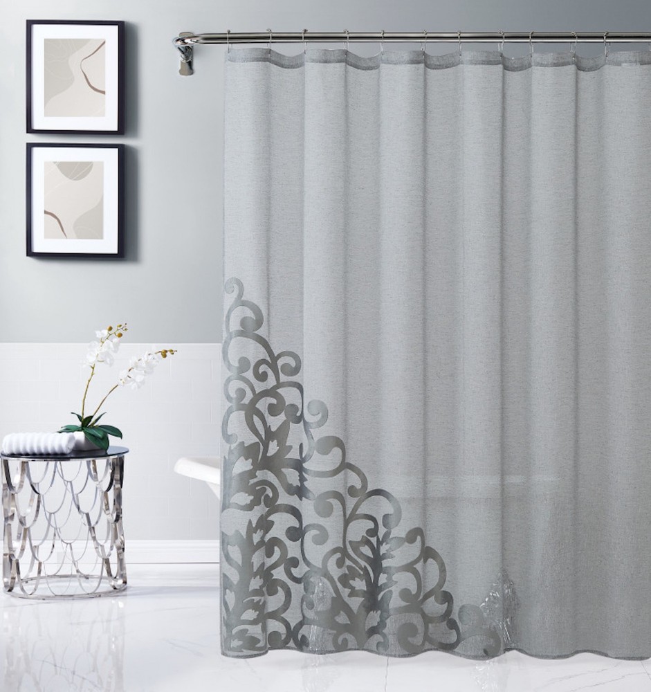 Silver Contemporary Velvet Scroll Shower Curtain