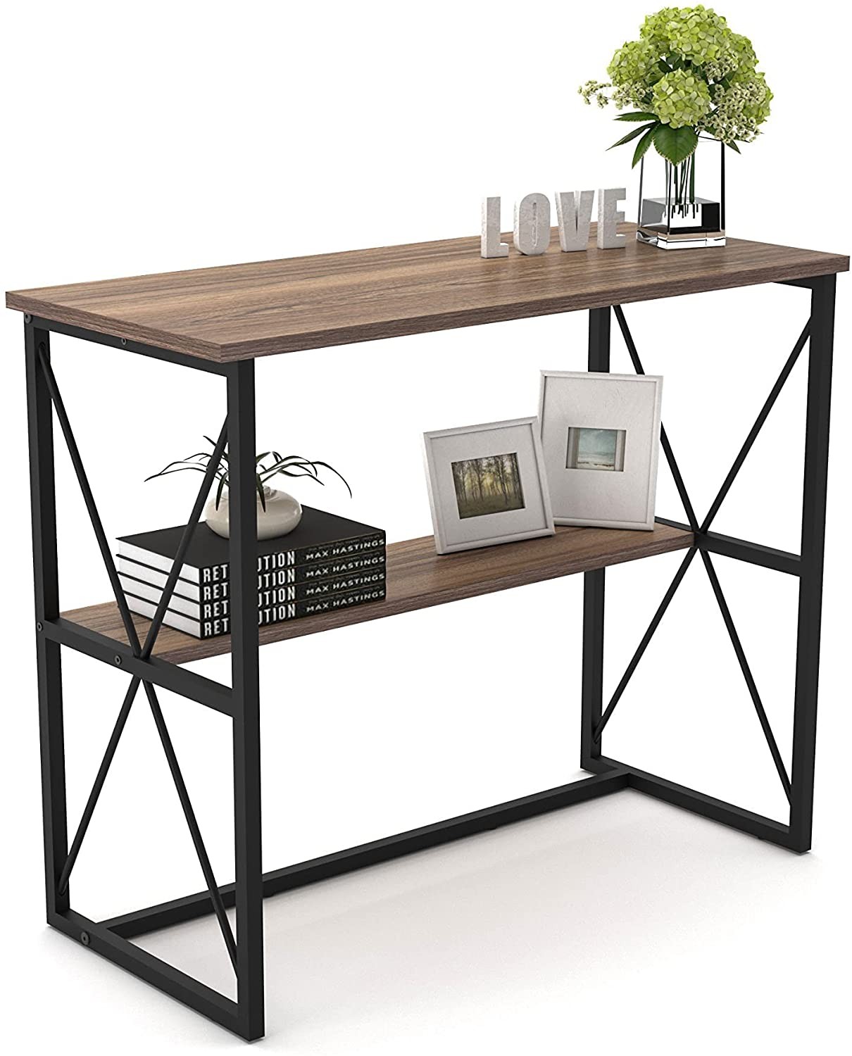 Mod Walnut and Black Four Console Table with Shelf