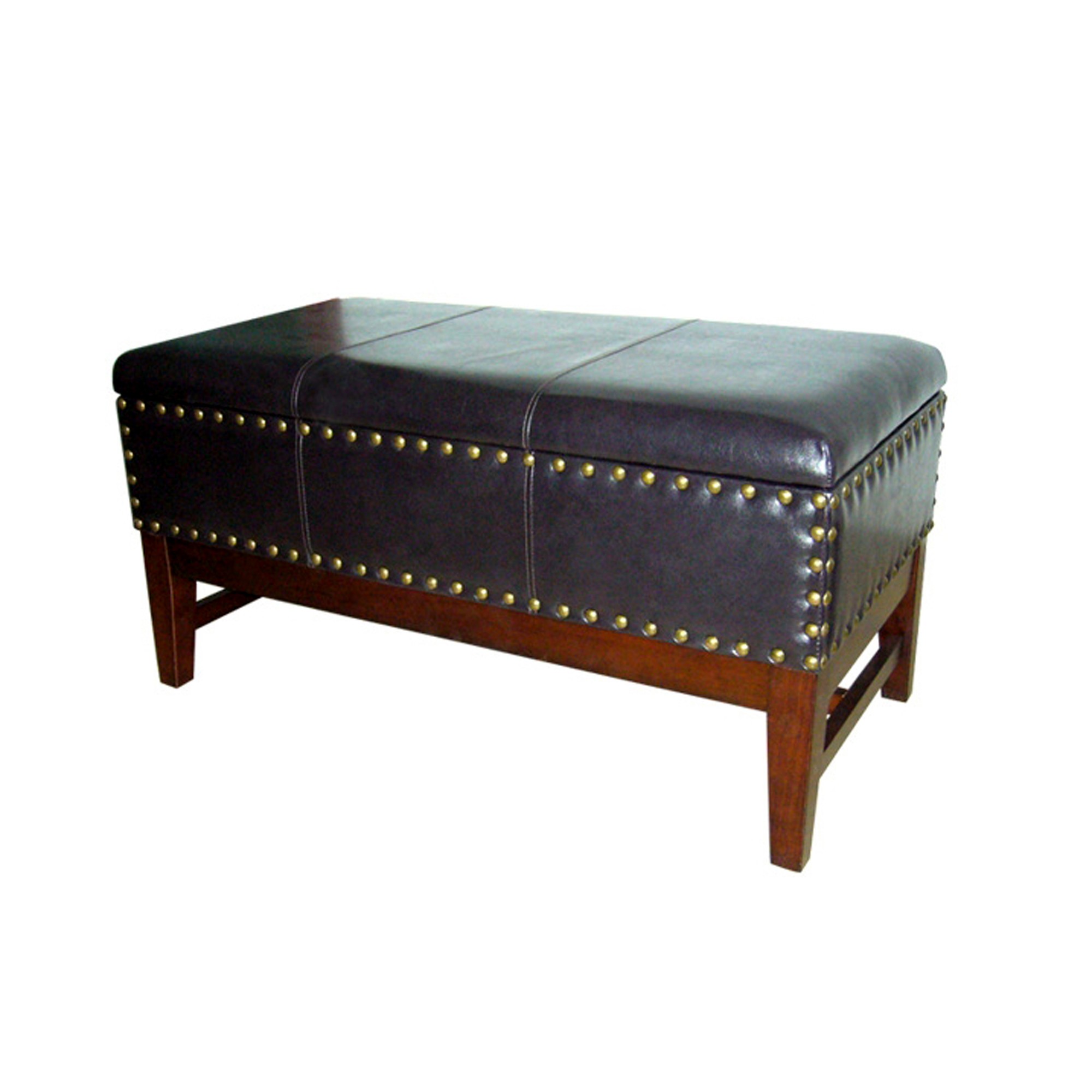 Handsome Black Leather and Wood Nailhead Storage Bench