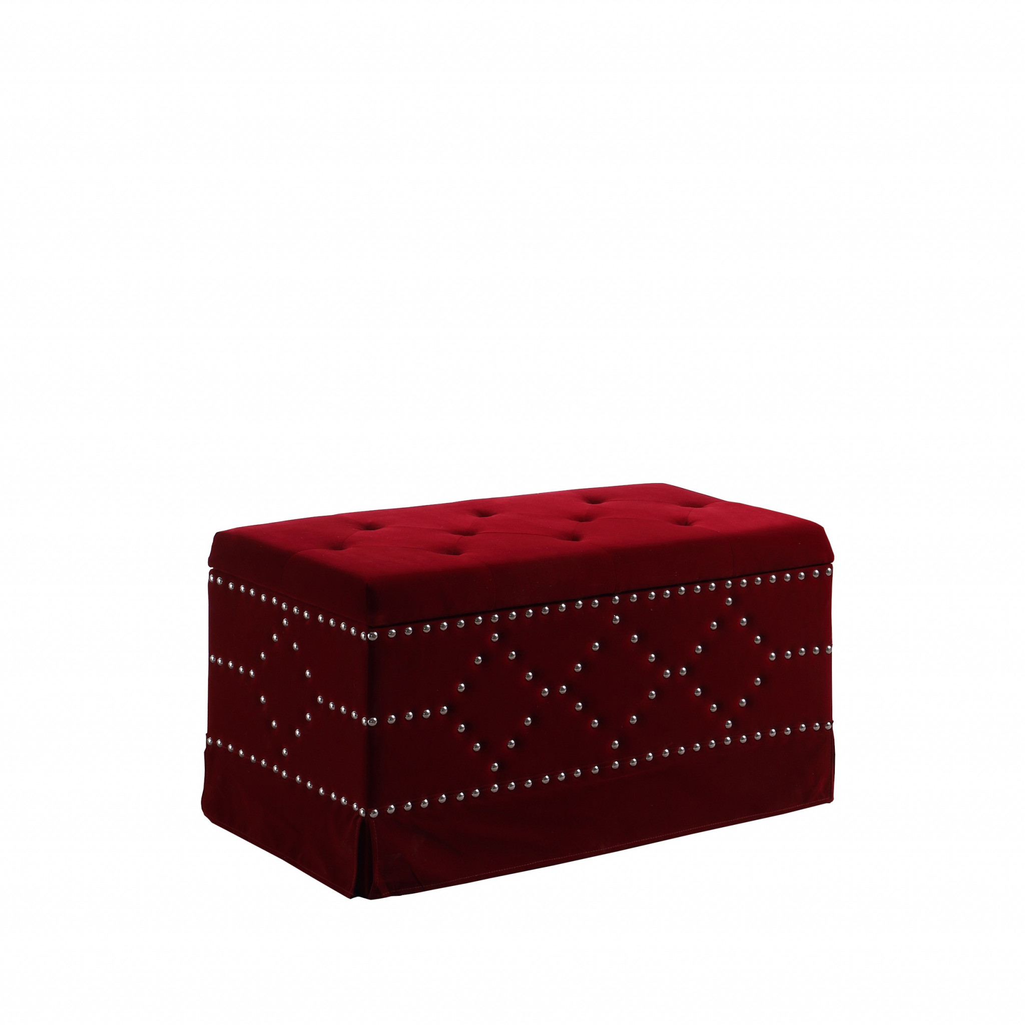 Deep Red Velvet Nailhead Storage Bench with Ottomans