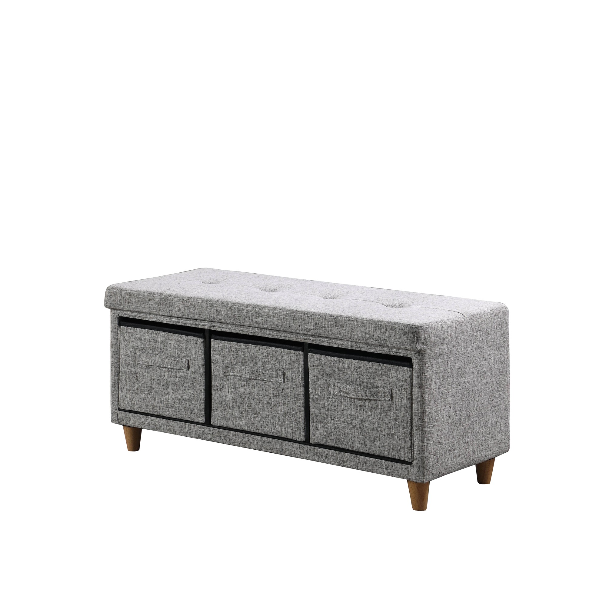 Gray Tufted Storage Bench with Basket Drawers