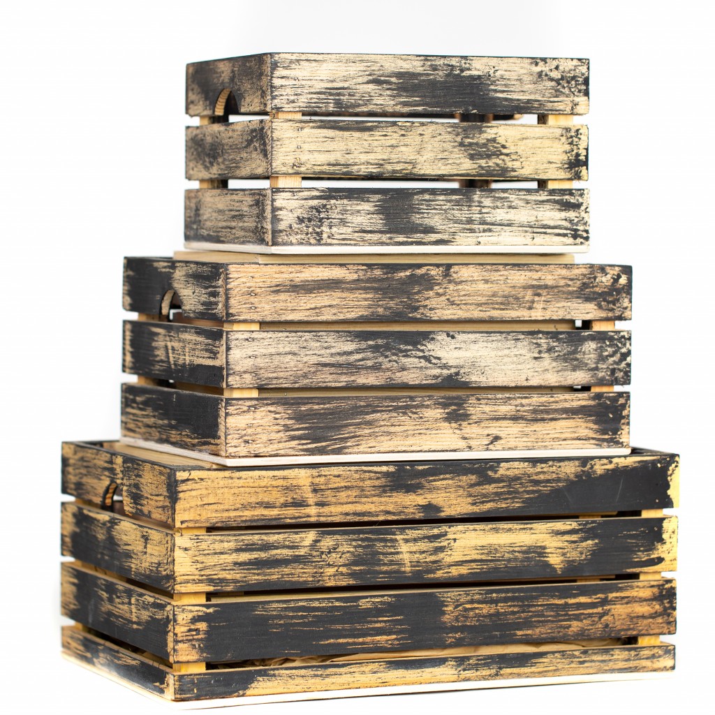 Set of Three Organic Black and Natural Distressed Wood Stacking Milk Crates