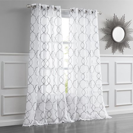 84 Silver Trellis Pattern Embroidered Window Curtain Panel