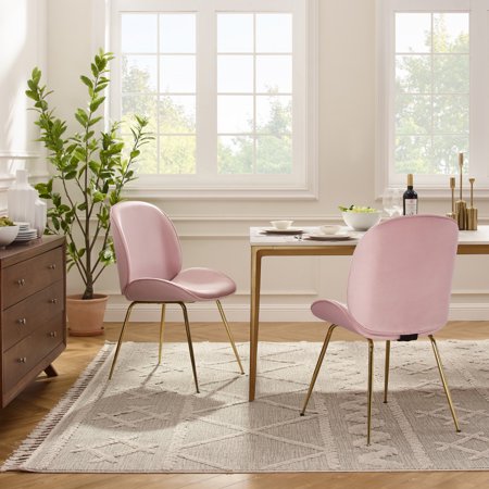 Set of Two Gold and Pink Velvet Shell Shape Dining Chairs
