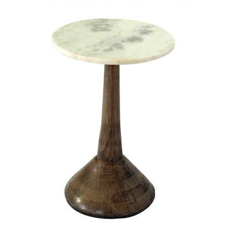 White Marble and Dark Mango Pedestal End or Side Table