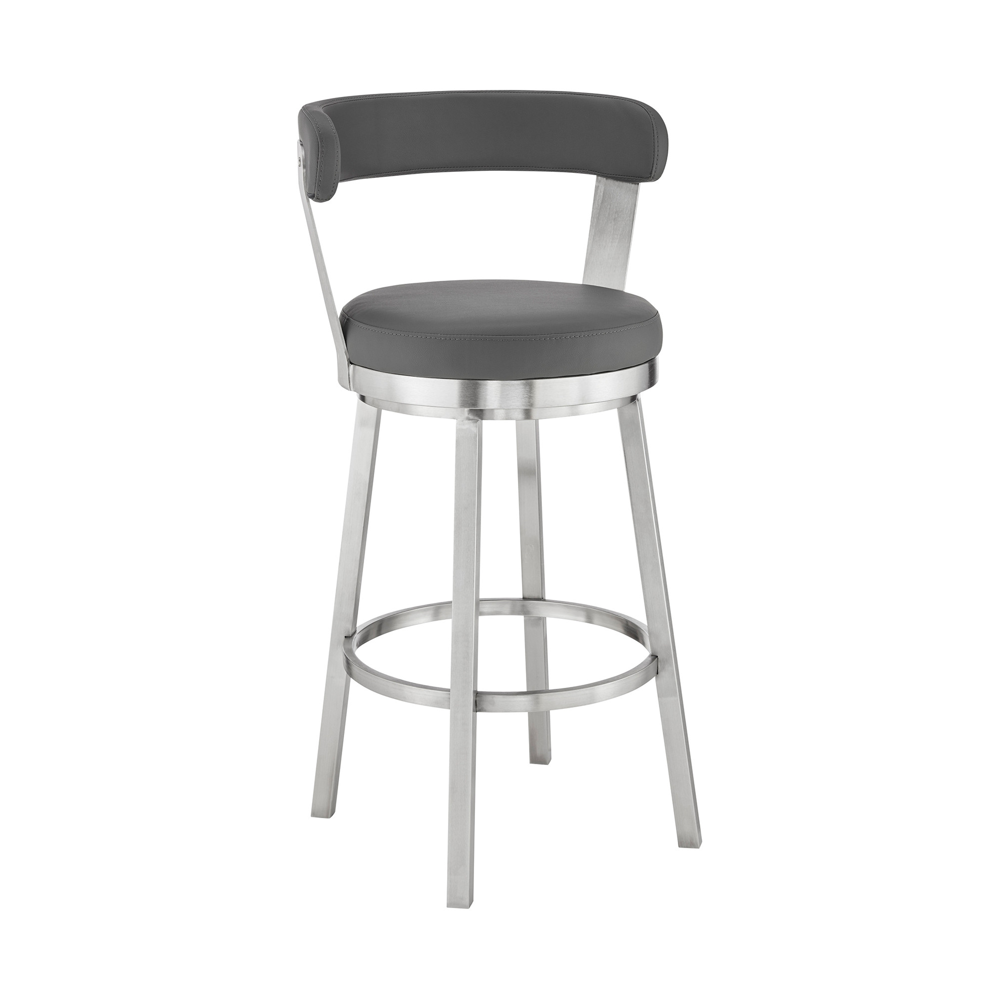 26" Chic Grey Faux Leather with Stainless Steel Finish Swivel Bar Stool