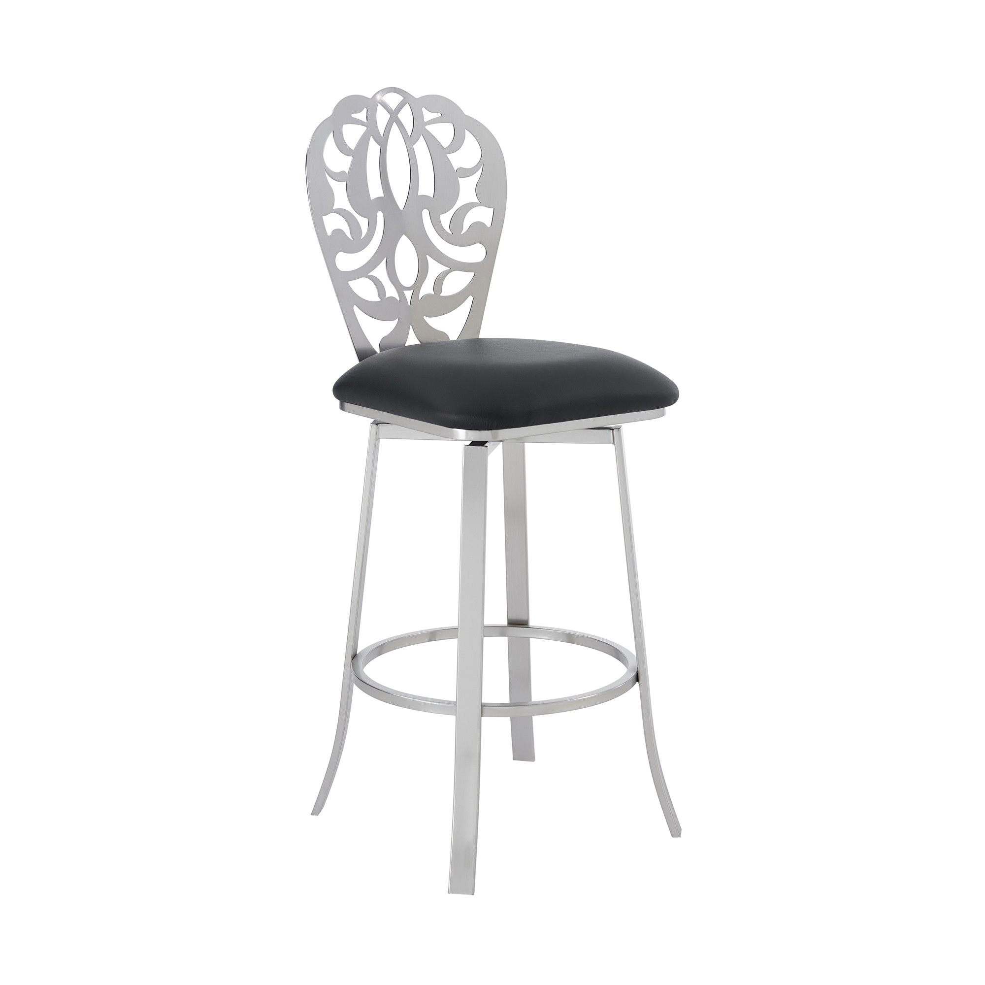 30" Black Faux Leather Scroll Brushed Stainless Steel Swivel Bar Stool