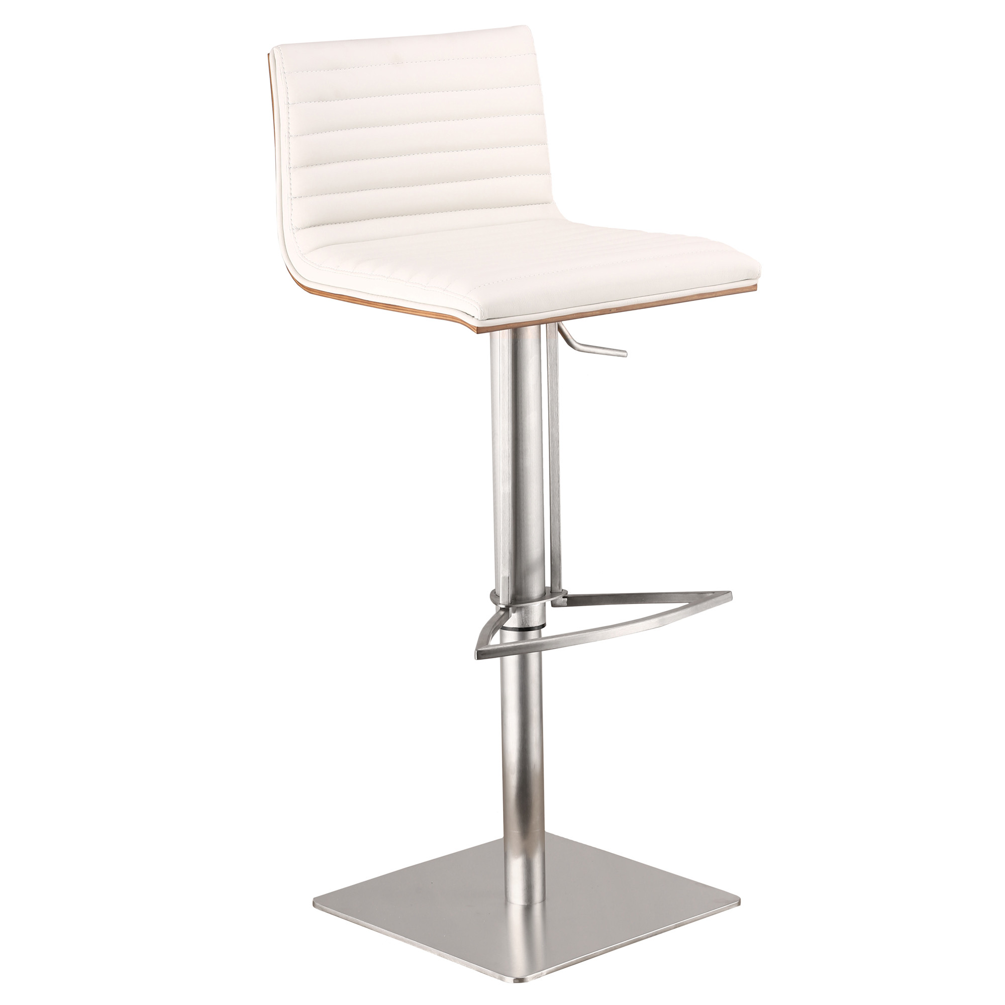 White Faux Leather Armless Swivel Bar Stool with Brushed Stainless Steel Base