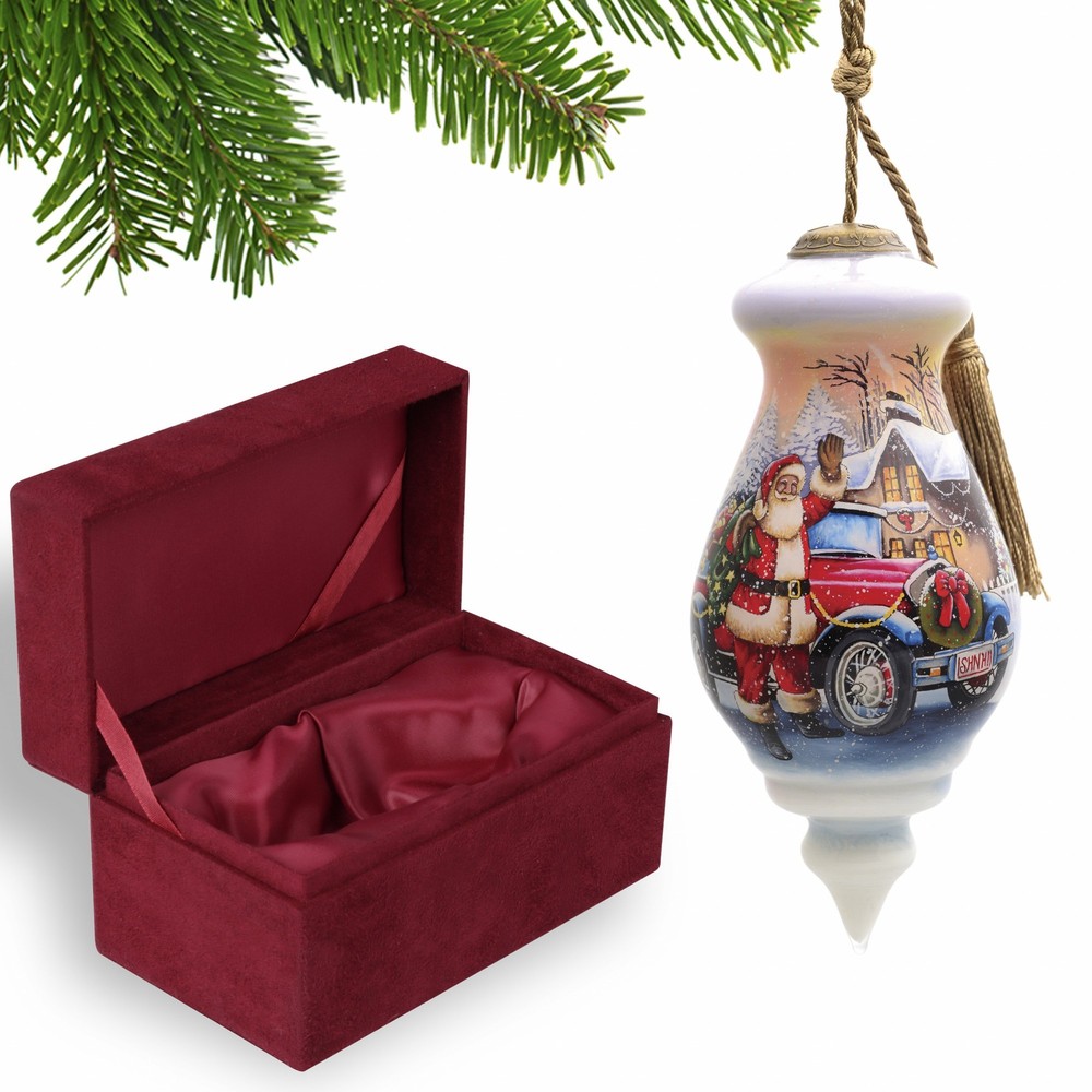 Vintage Car and Santa Waving Hand Painted Mouth Blown Glass Ornament