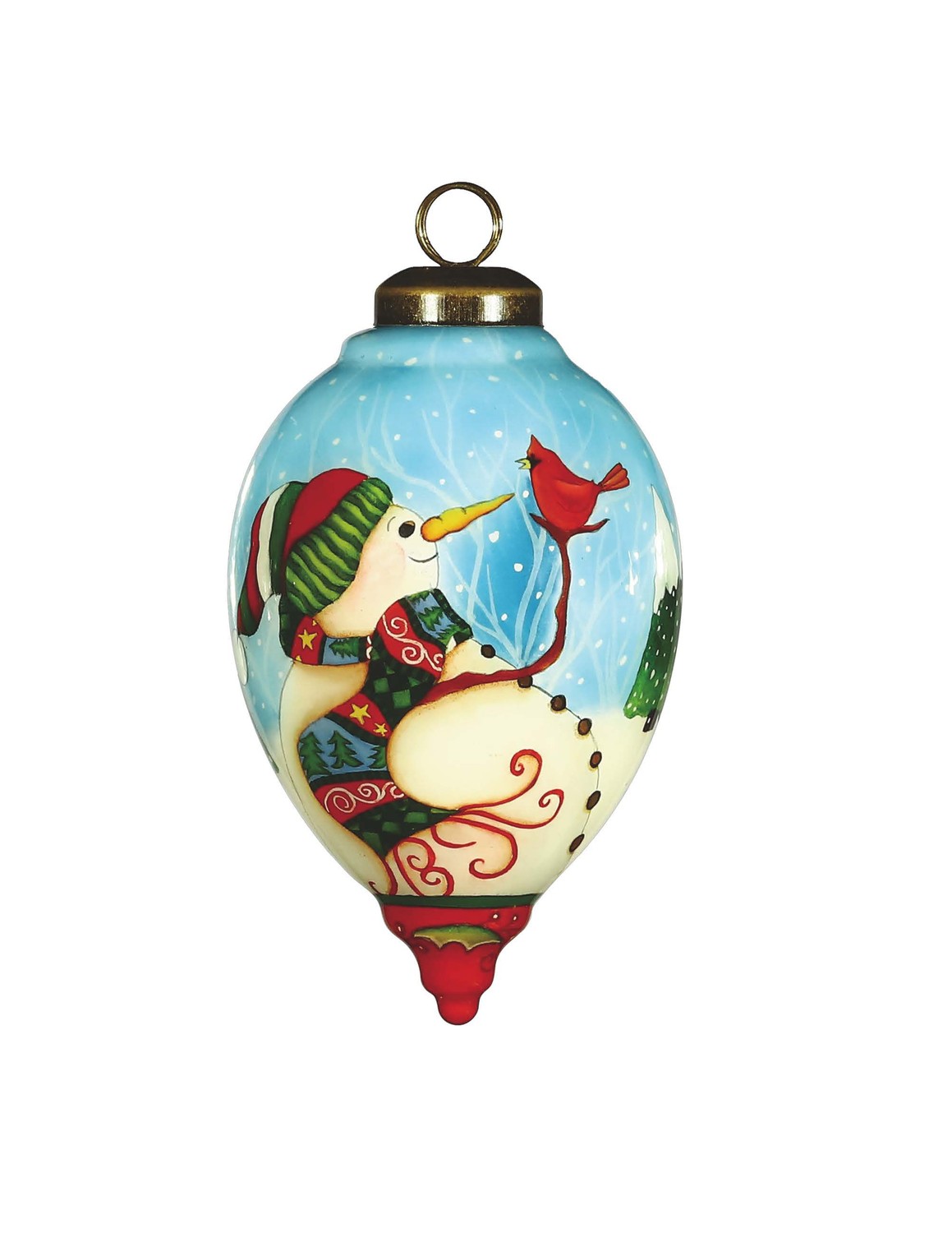 Snowman and Red Cardinal Hand Painted Mouth Blown Glass Ornament