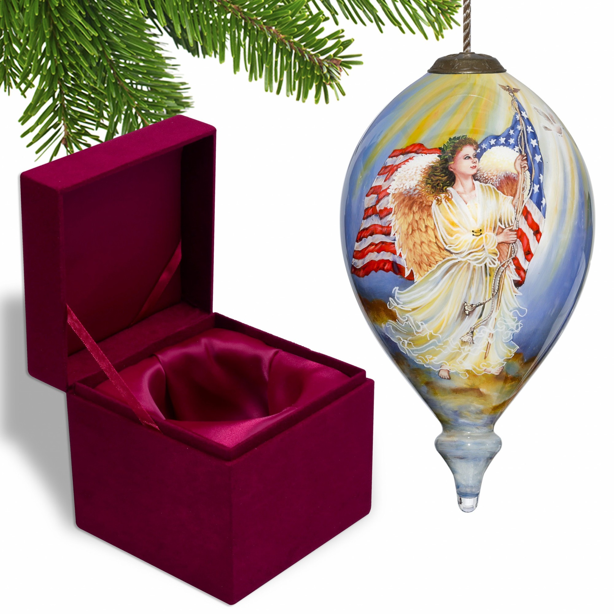 American Flag Angel Hand Painted Mouth Blown Glass Ornament