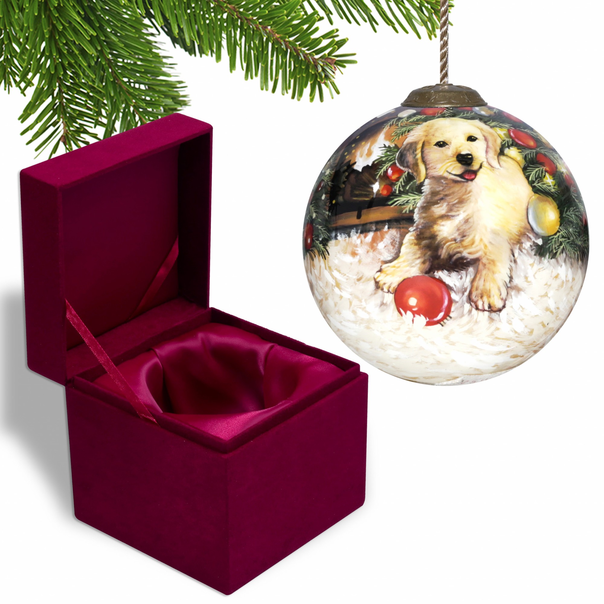 Puppy under the Christmas Tree Hand Painted Mouth Blown Glass Ornament
