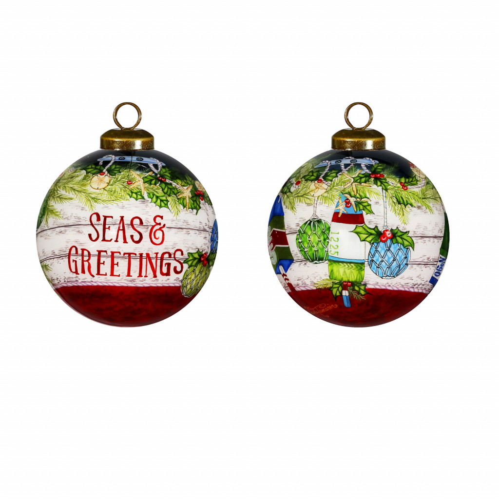 Holly Seas And Greetings Hand Painted Mouth Blown Glass Ornament