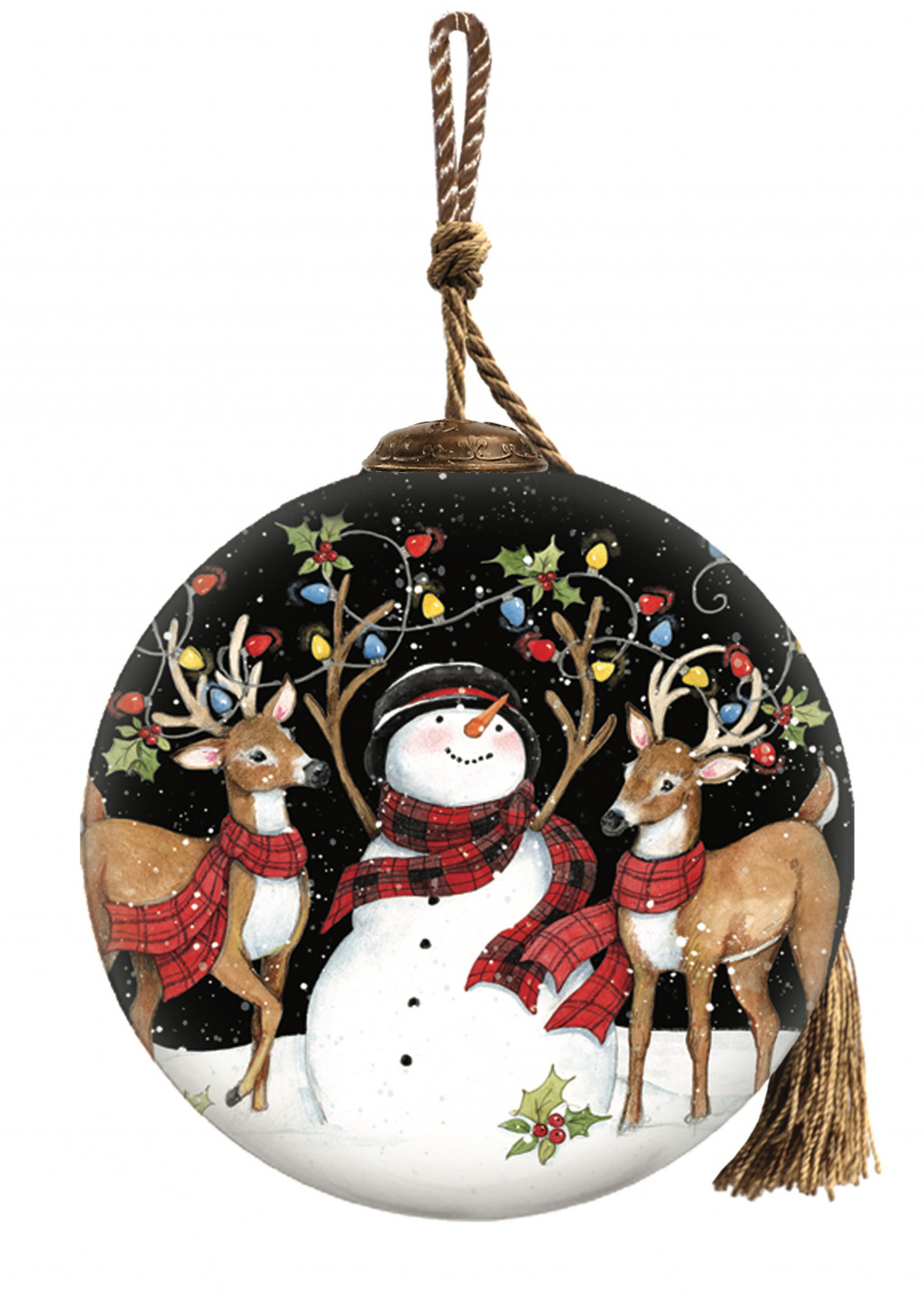 Snowman and Reindeer in Holiday Lights Hand Painted Mouth Blown Glass Ornament
