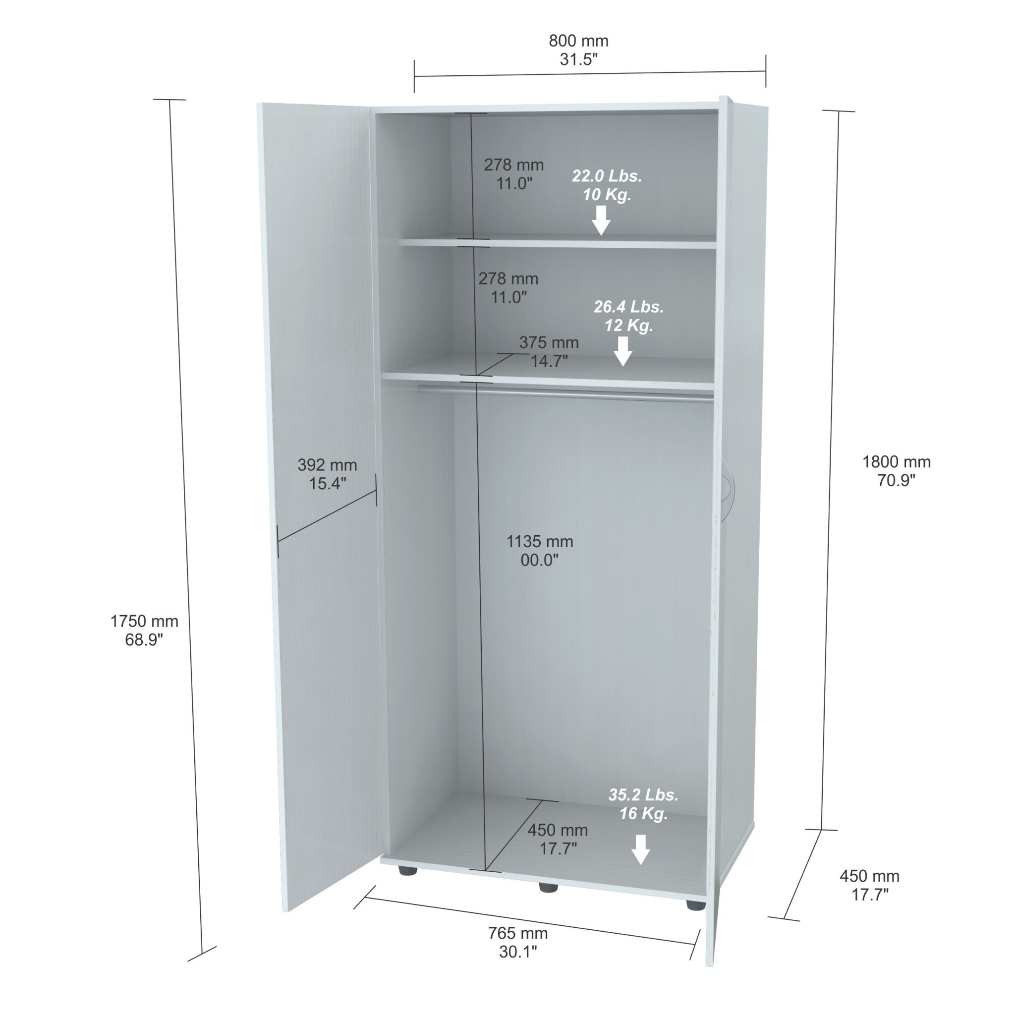 70.9" White Melamine and Engineered Wood Wardrobe with 2 Doors