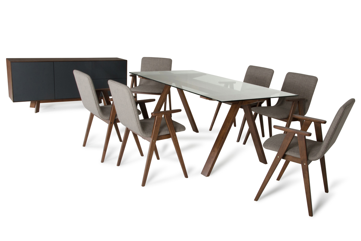 30" Walnut Wood Veneer MDF and Glass Dining Set