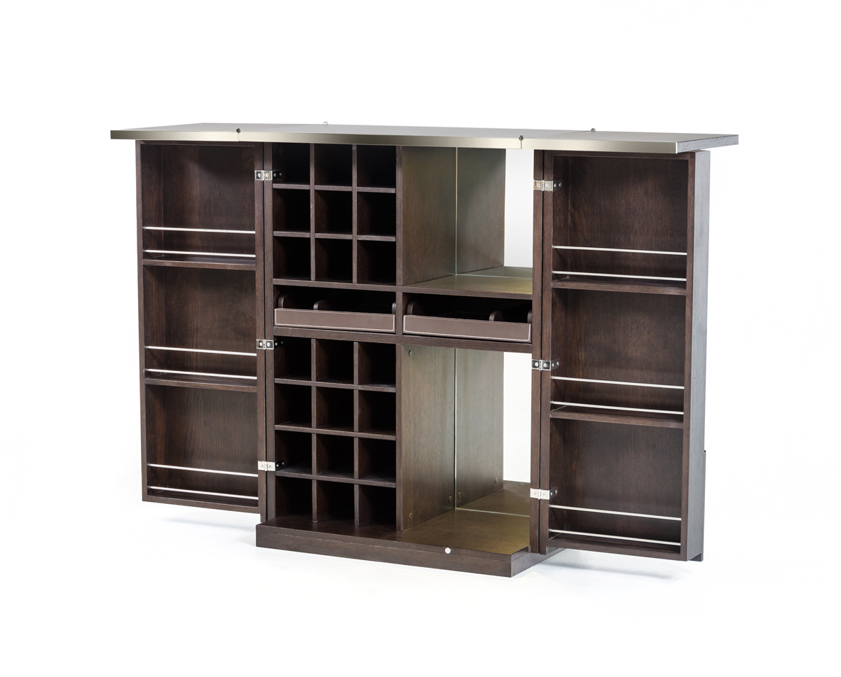 47" Brown Oak Veneer and Leatherette Wine Cabinet