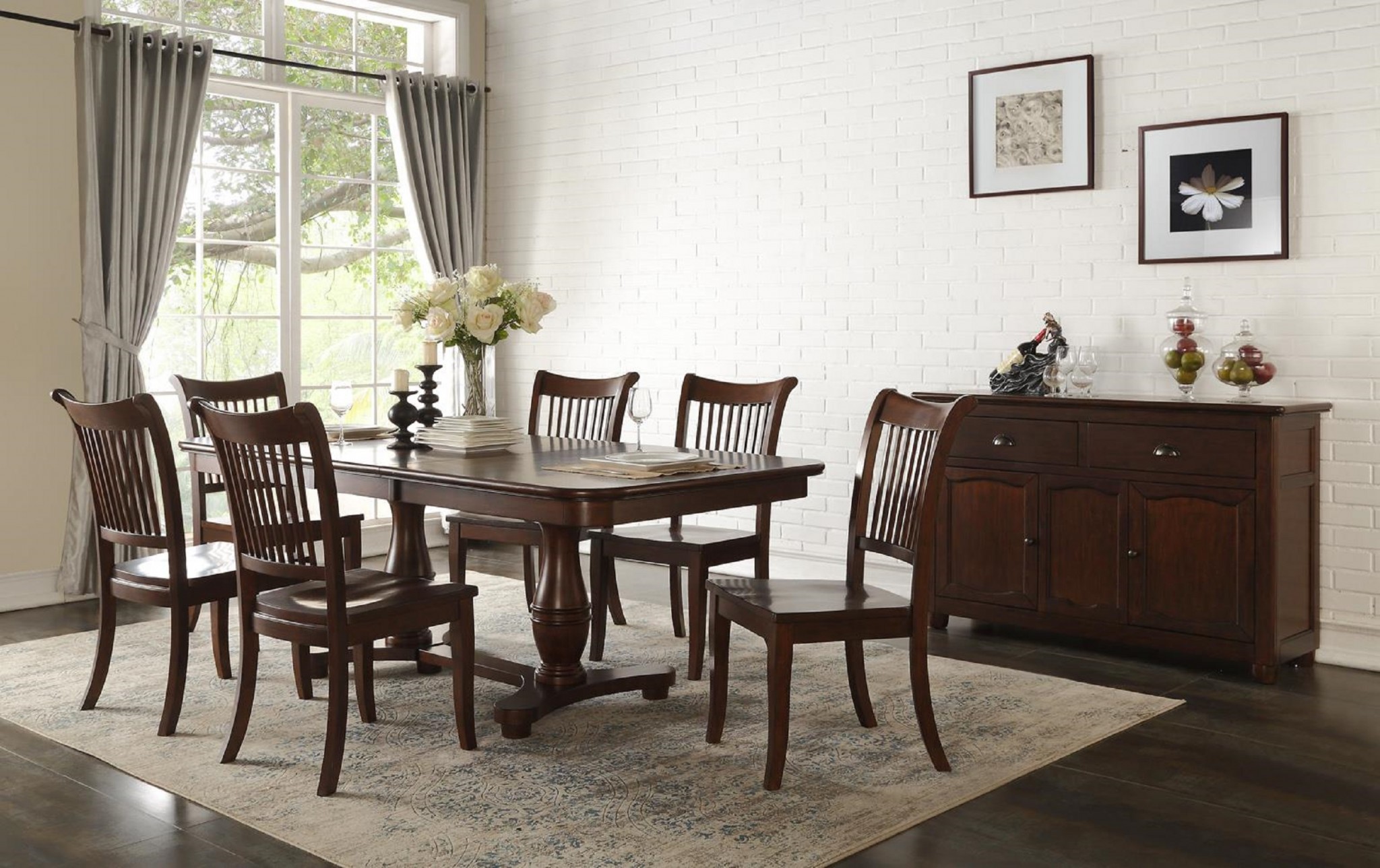 84" X 68" X 42" Mocha and Sand Hardwood 8 Pieces Dining Set