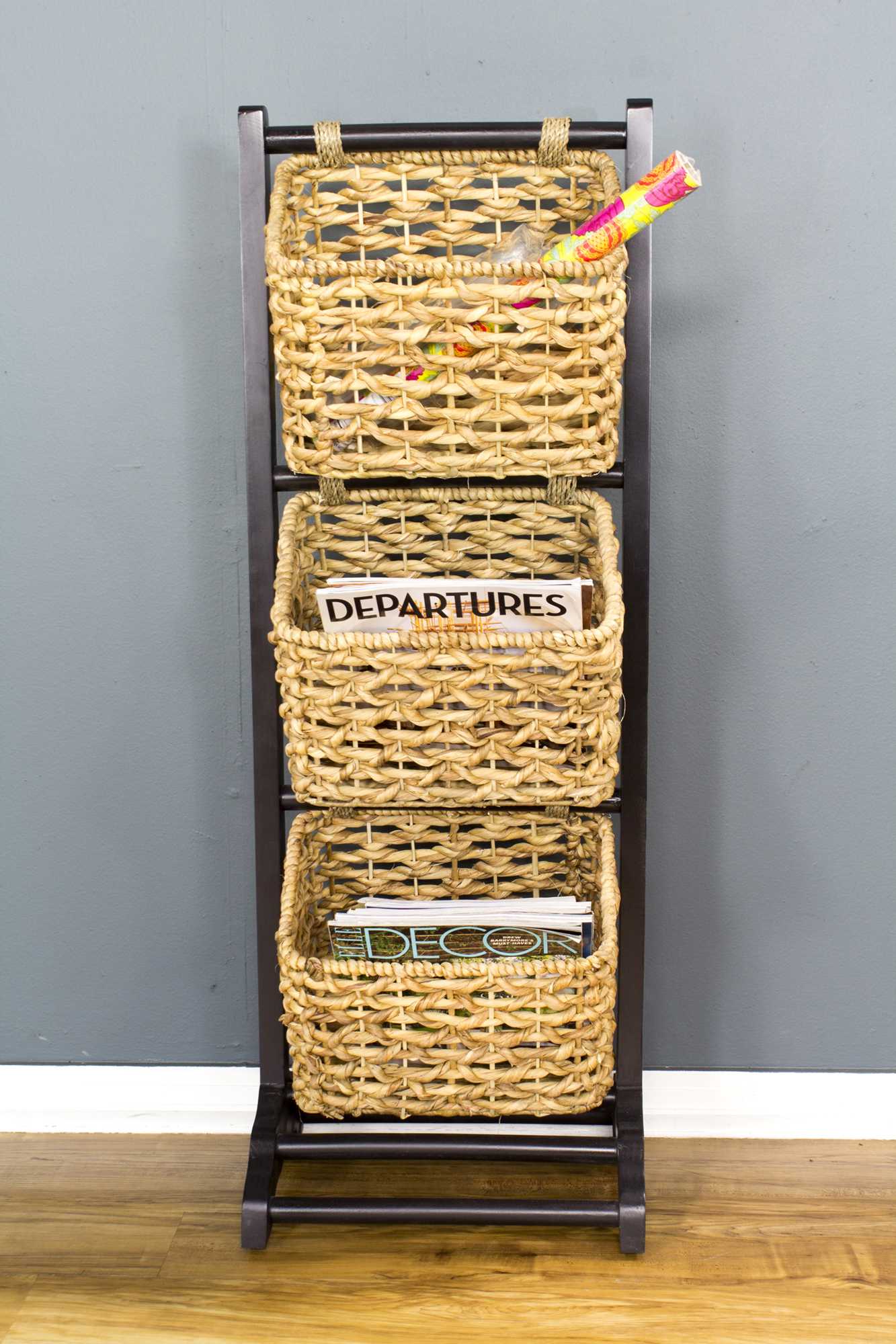 11.8" X 15" X 42.25" Brown Wood MDF Water Hyacinth Water Hyacinth Magazine Rack with Baskets