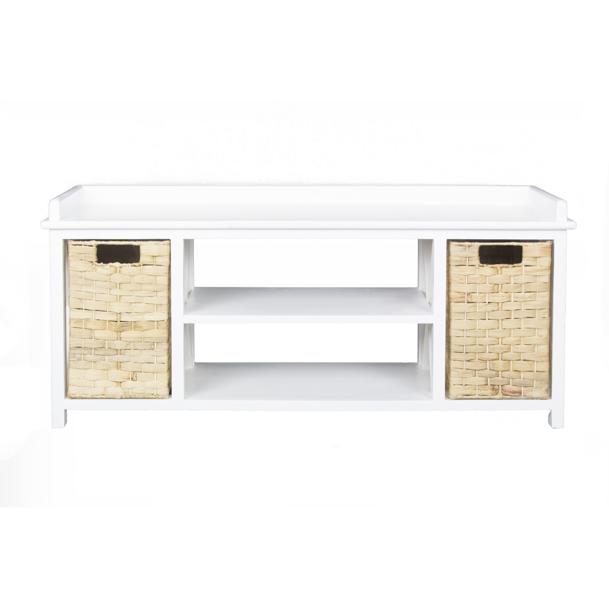 Modern Entryway White Wood Finish Storage Bench with Two Woven Storage Baskets