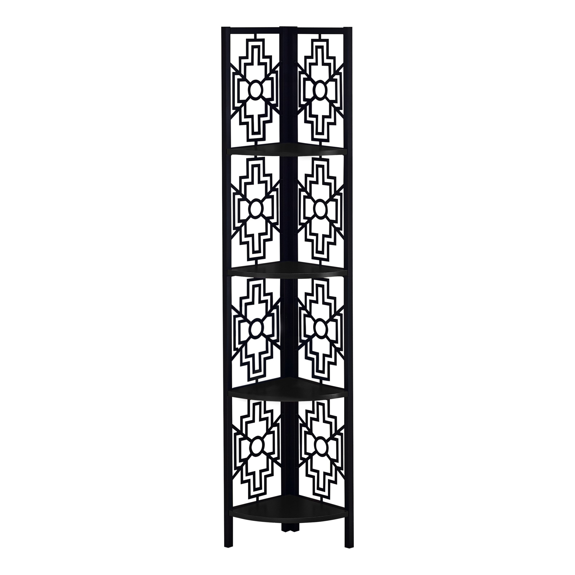 62" Bookcase with 4 Solid Black Shelves and Black Metal Corner Etagere