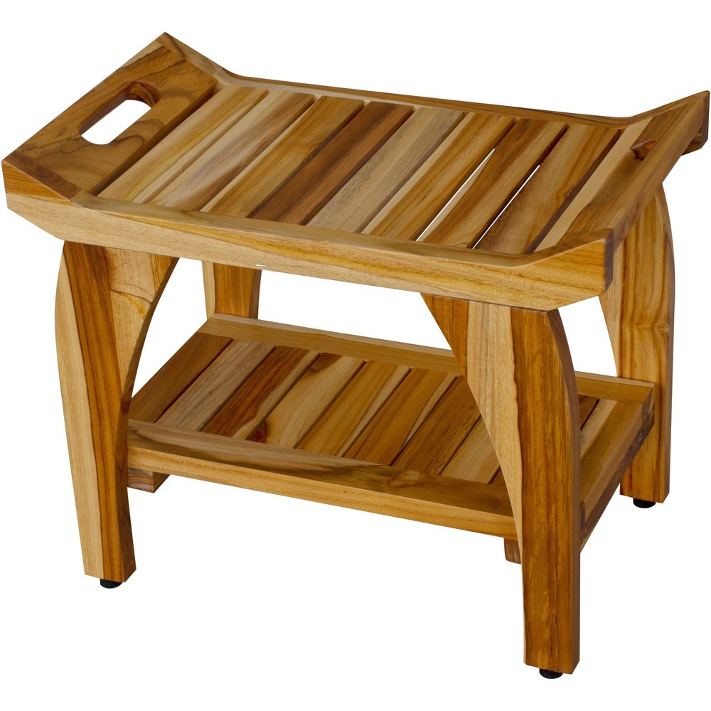 Compact Rectangular Teak Shower Bench with Handles in Natural Finish