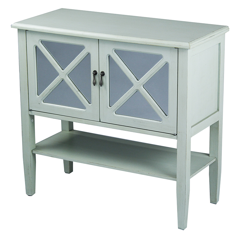 32" X 14" X 30" Light Sage MDF Wood Clear Glass Console Cabinet with Doors and a Shelf