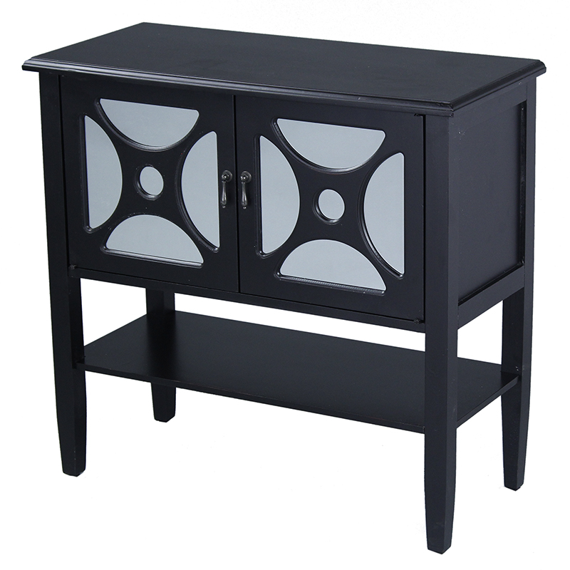 32" X 14" X 30" Black MDF Wood Mirrored Glass Console Cabinet with Doorsa Shelf and Link Inserts