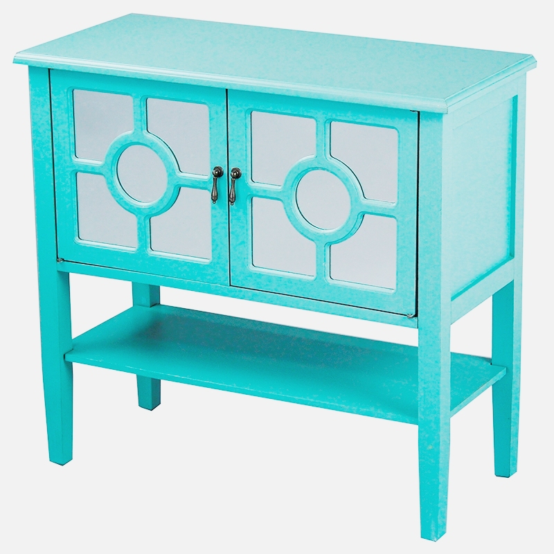 32" X 14" X 30" Turquoise MDF Wood Mirrored Glass Console Cabinet with Doors and a Shelf