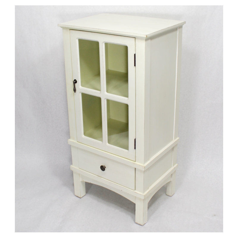 18" X 13" X 36" Antique White MDF Wood Clear Glass Accent Cabinet with a Door and a Drawer