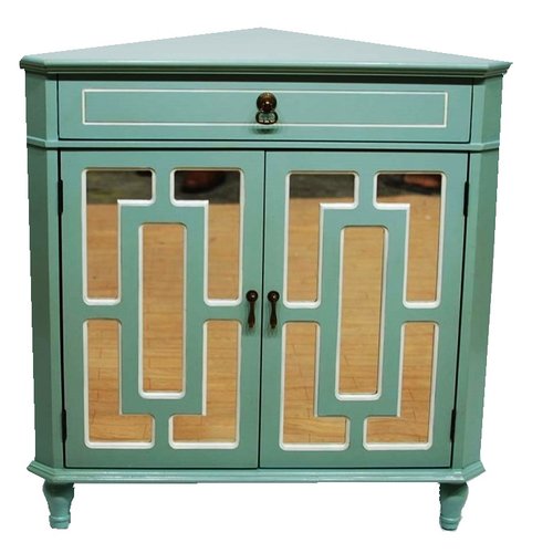 31" X 17" X 32" Light Blue MDF Wood Mirrored Glass Corner Cabinet with a Drawer and Doors