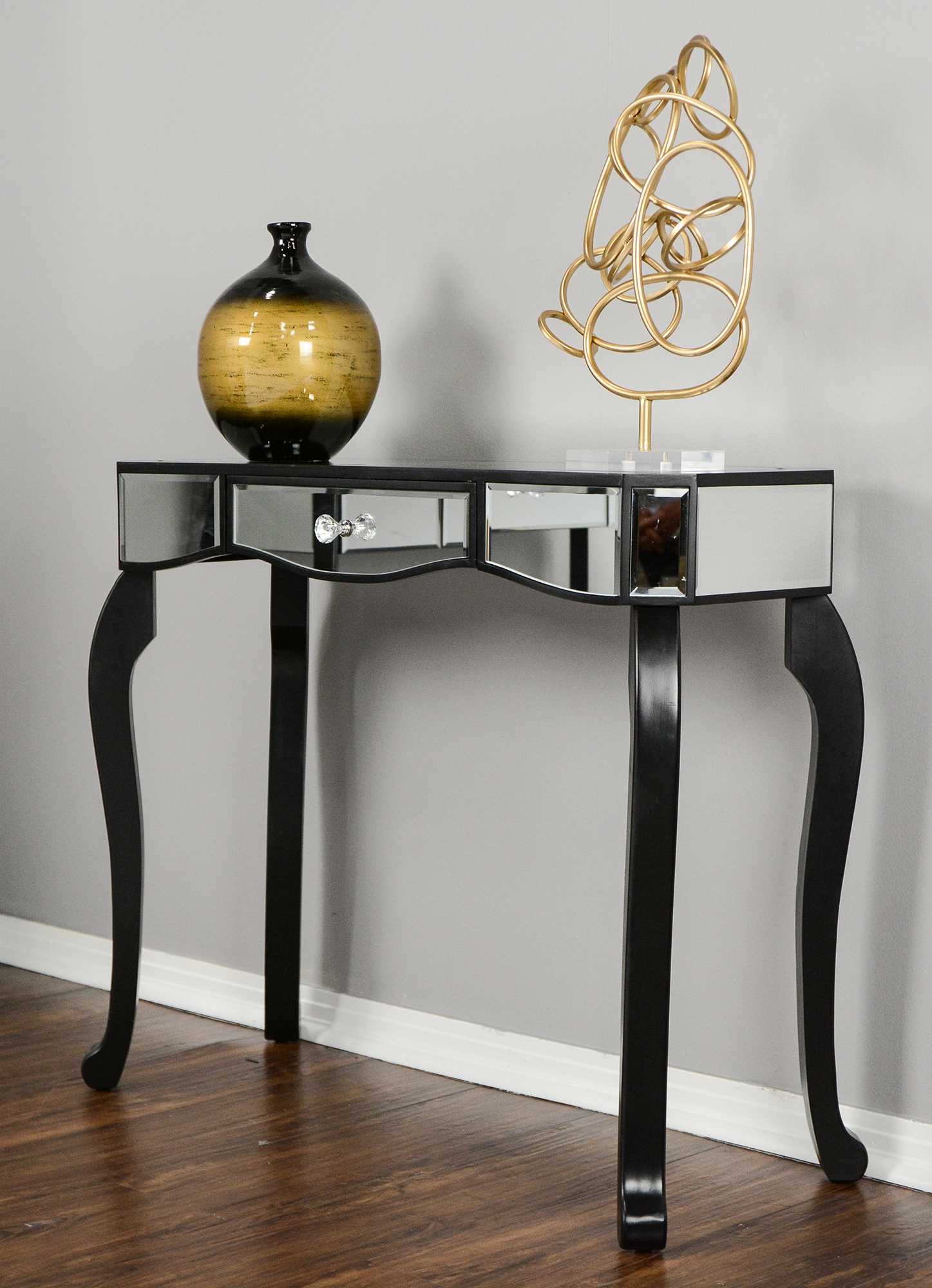 35.5" X 13" X 31" Black MDF Wood Mirrored Glass Console Table with Mirrored Glass Inserts and a Drawer