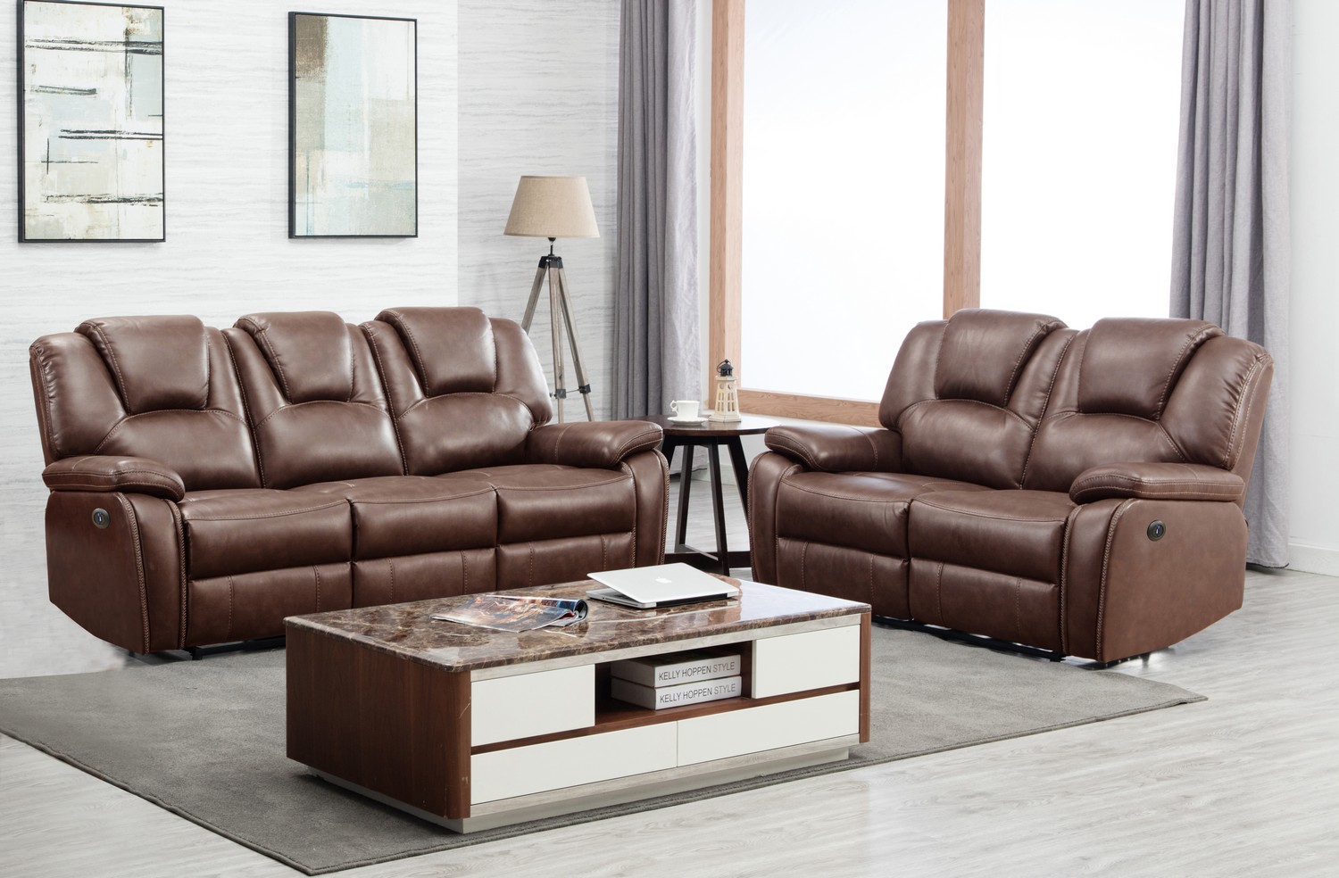 62'' X 38'' X 40'' Modern Brown Leather Sofa And Loveseat