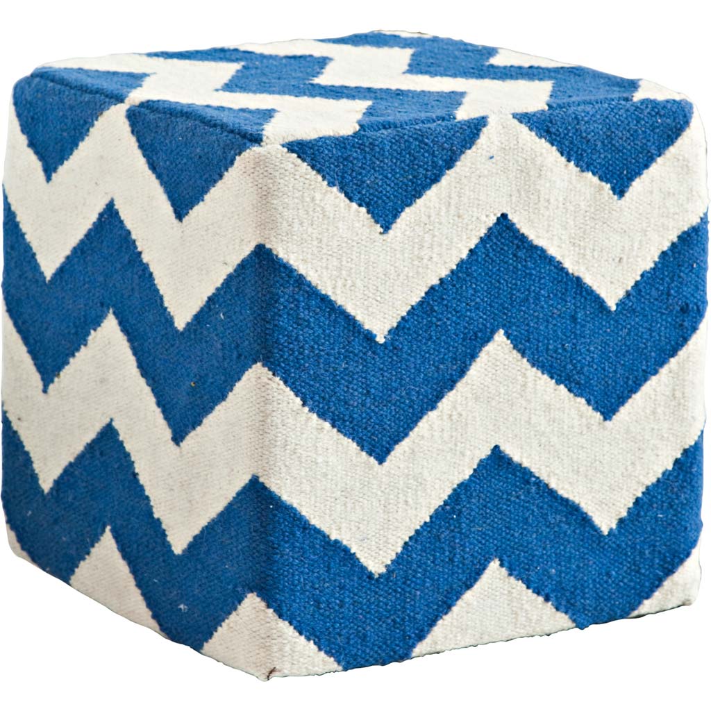 Blue and White Wool Sqaure Pouf with Zig Zag Pattern