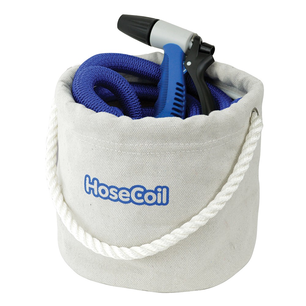 HoseCoil Canvas Bucket w/75' Expandable Hose, Rubber Tip Nozzle & Quick Release