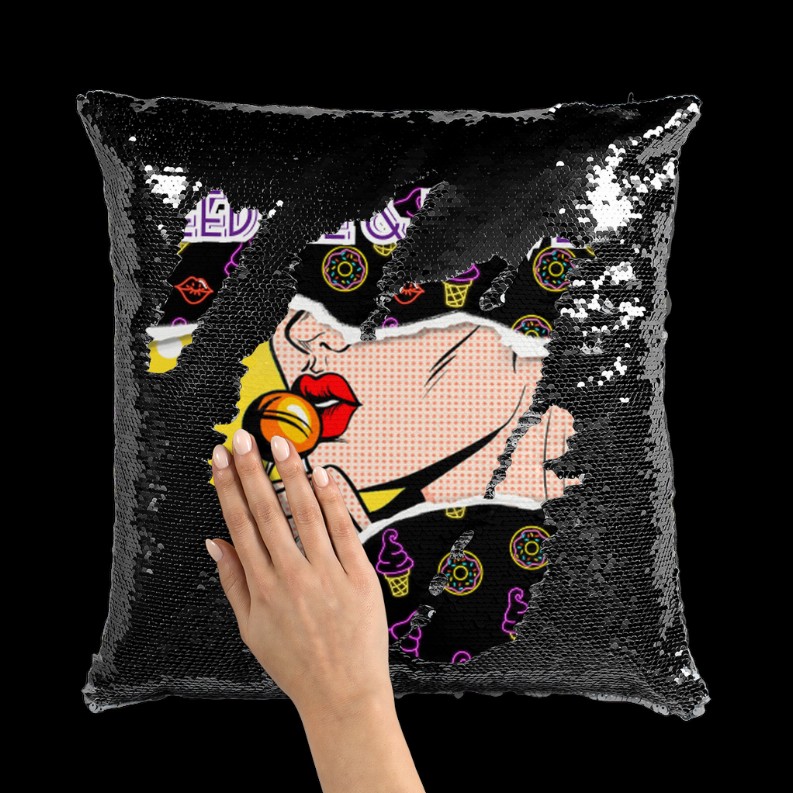 Feed Me Love Me Sequin Cushion Cover    Black / White Black / White