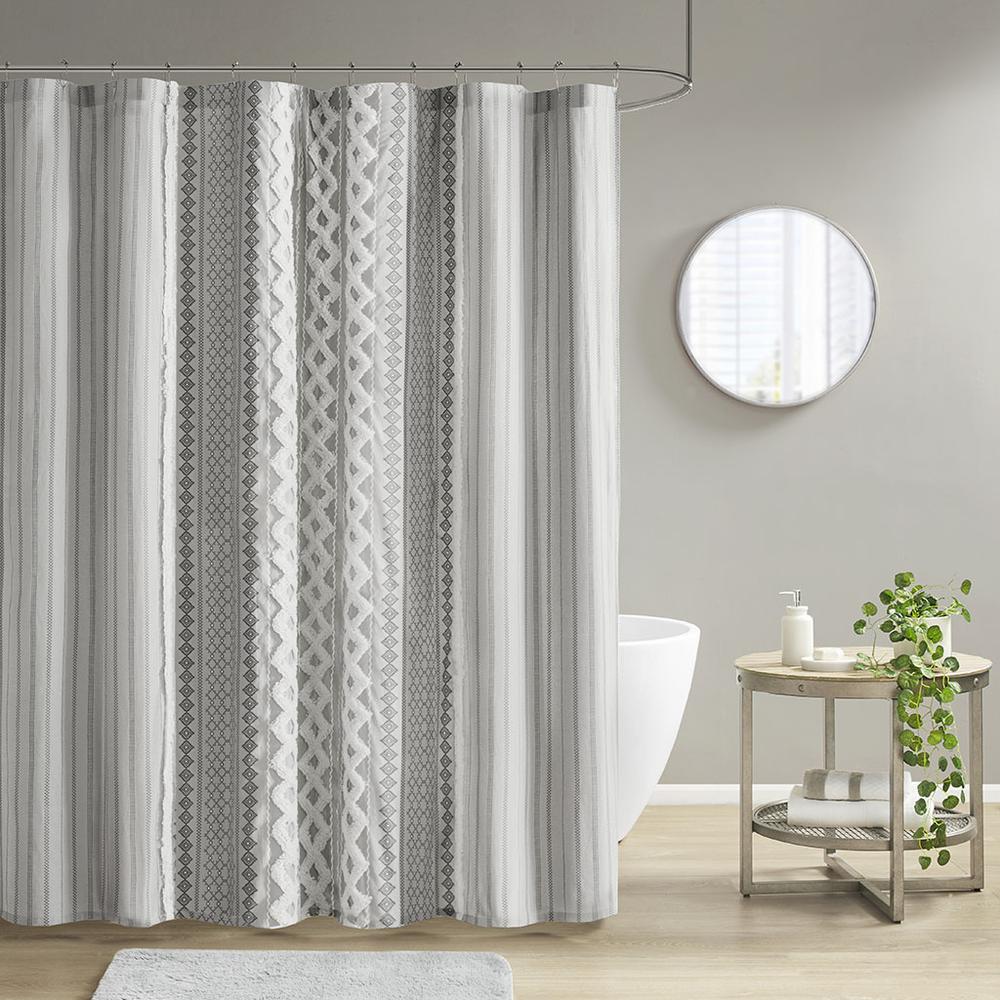 100% Cotton Printed Shower Curtain with Chenille, Gray