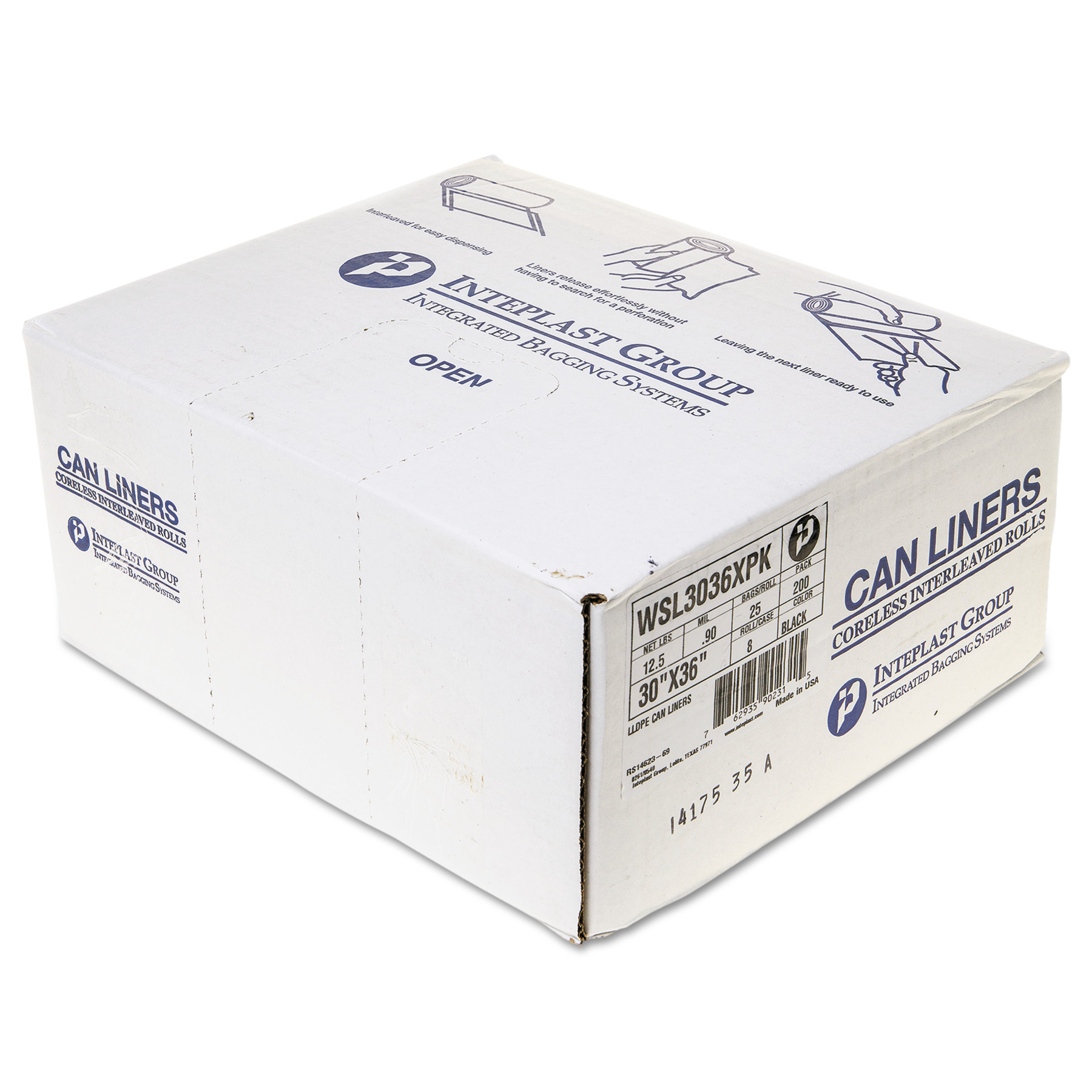 Low-Density Can Liner, 30 x 36, 30Gal, .90 Mil, Black, 25/Roll, 8 Roll/Case