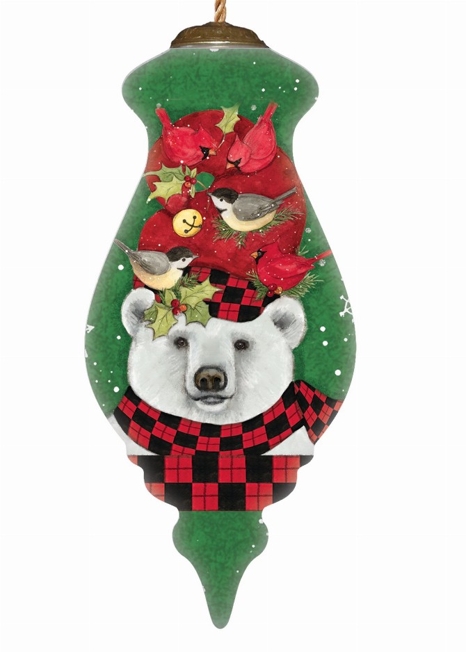 Woodland Plaid Pals Polar Bear Hand Painted Glass Ornament