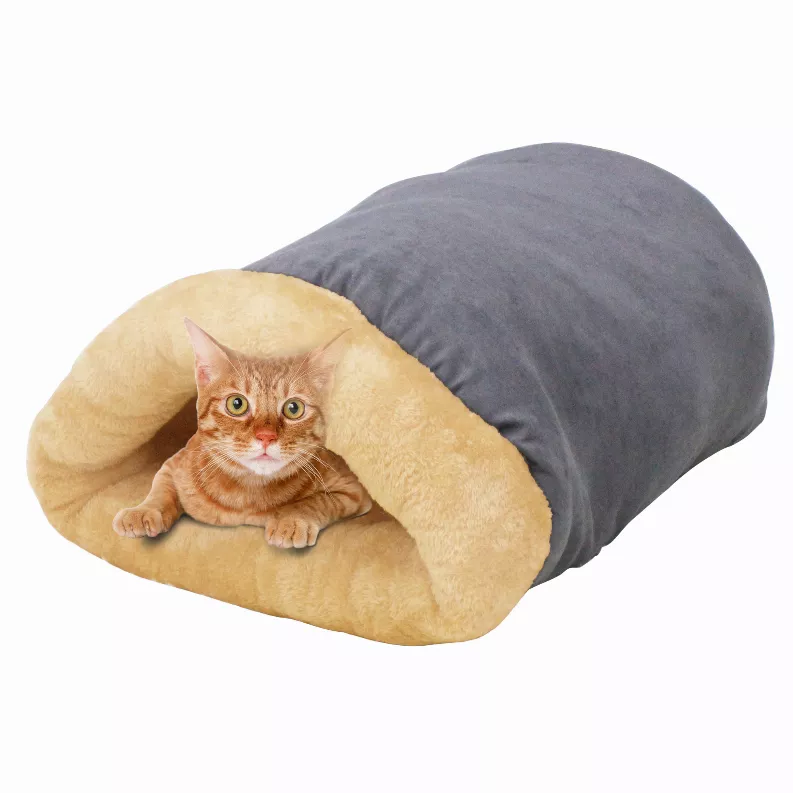 GOOPAWS 4 in 1 Self Warming Burrow Cat Bed, Pet Hideway Sleeping Cuddle Cave - 22" x14" x10" Grey