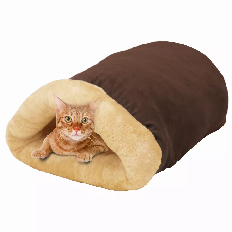 GOOPAWS 4 in 1 Self Warming Burrow Cat Bed, Pet Hideway Sleeping Cuddle Cave - 22" x14" x10" Coffee