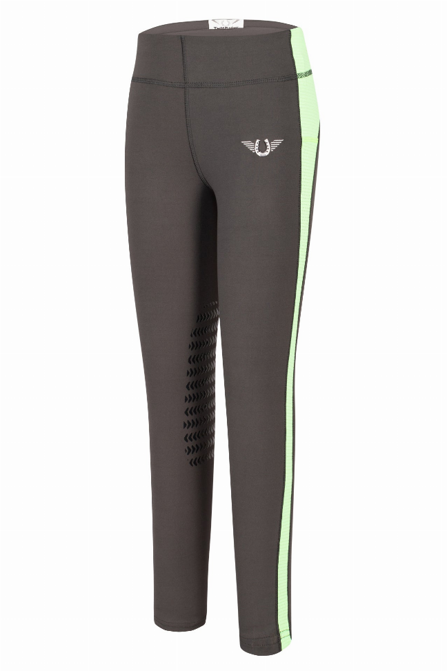 TuffRider Children's Ventilated Schooling Riding Tights XL Charcoal/Neon Green