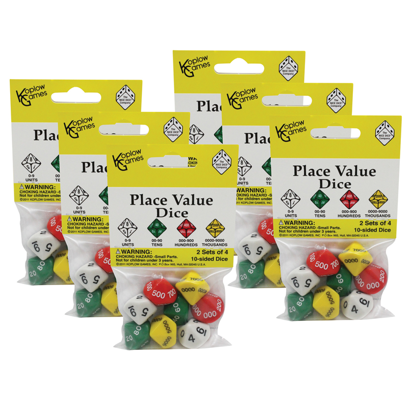 Place Value Dice, 2 Sets of 4 10-Sided Dice Per Pack, 6 Packs