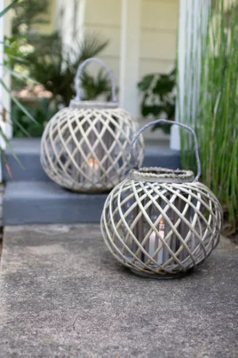 Low Round Grey Willow Lantern With Glass