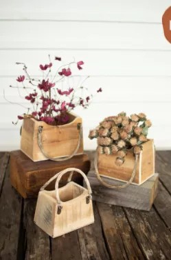 Set Of Three Rustic Recycled Wood Hand Bag Planters