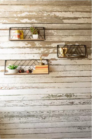 Set Of Three Wood And Metal Wall Shelves