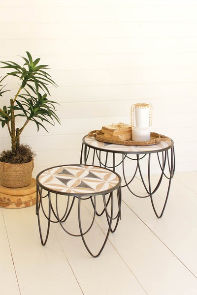 Set Of Two Round Carved Wood Top Accent Tables W Metal Base