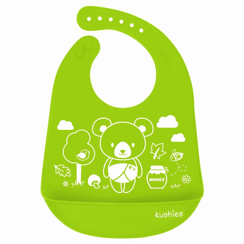 Silicatch Silicone Bib W/Pocket - Baby Bear Print/Citrus