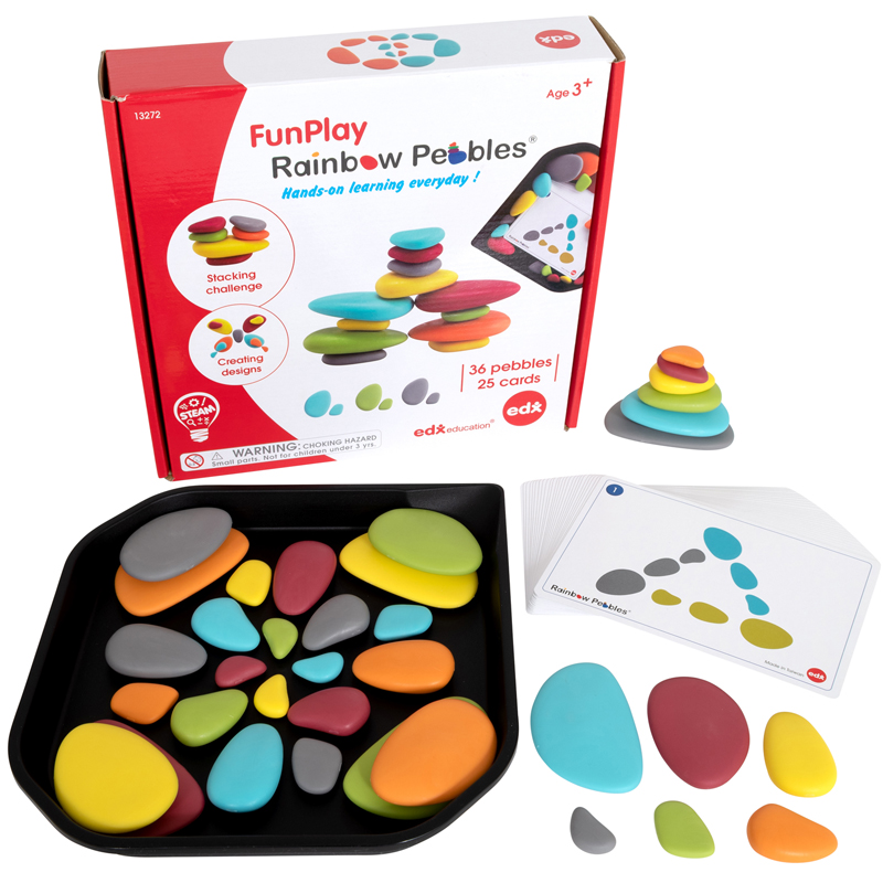 FunPlay Rainbow Pebbles - Homeschool Kit for Kids - 36 Sorting and Stacking Toys + 50 Activities + Messy Tray