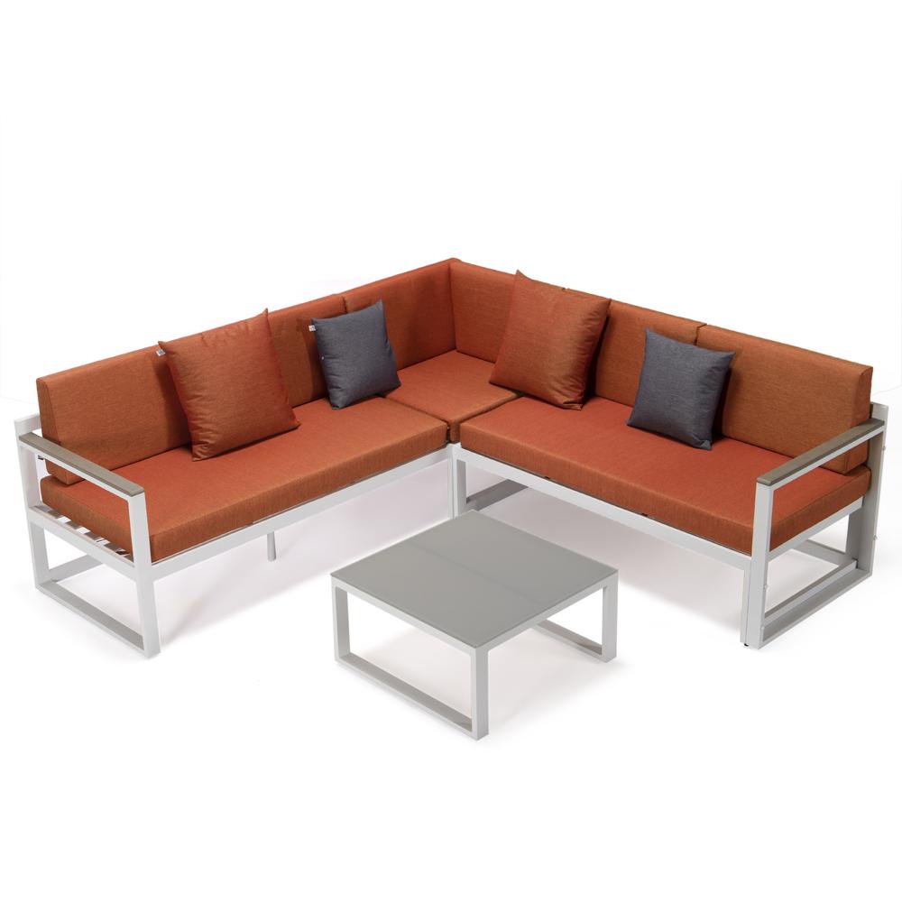 LeisureMod Chelsea White Sectional With Adjustable Headrest & Coffee Table With Cushions CSLW-80OR